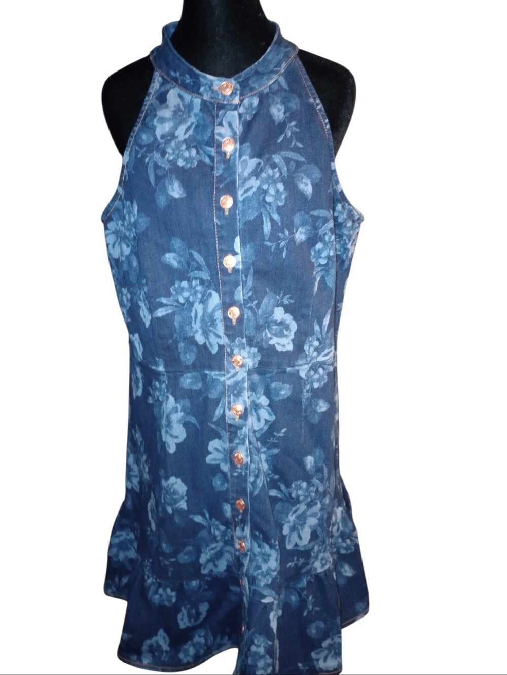 Express Denim Floral Indigo Sleeveless Button-Front Halter Dress, Size L, NWT
